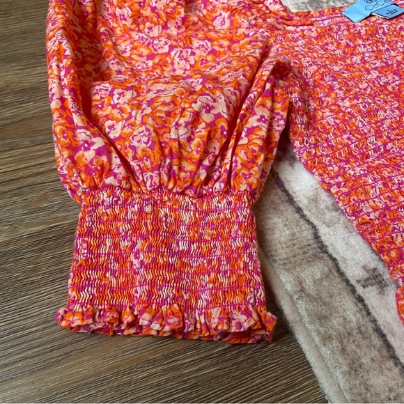Cece Vibrant Orange Pink Floral Blouse Smocked Peplum Puff Sleeve Small - Picture 2 of 10
